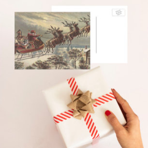 Vintage Christmas, Victorian Santa Claus in Sleigh Holiday Postcard