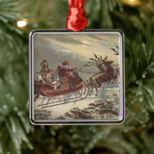 Vintage Christmas, Victorian Santa Claus in Sleigh Metal Tree Decoration