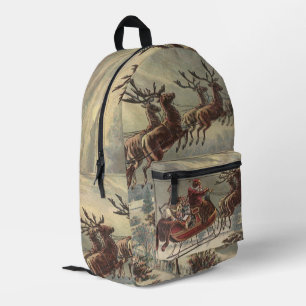 Vintage Christmas, Victorian Santa Claus in Sleigh Printed Backpack