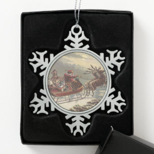 Vintage Christmas, Victorian Santa Claus in Sleigh Snowflake Pewter Christmas Ornament