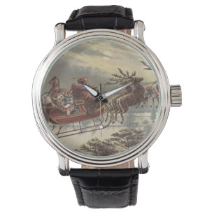 Vintage Christmas, Victorian Santa Claus in Sleigh Watch