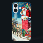 Vintage Christmas Victorian Santa Claus on Chimney iPhone 16 Case<br><div class="desc">Vintage illustration Christmas holiday design featuring a Victorian Santa Claus on a rooftop about to go down the chimney. The reindeer and sleigh are on the roof waiting. A beautiful church is in the background with stars and the moon in the blue night sky.</div>