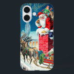 Vintage Christmas Victorian Santa Claus on Chimney iPhone 16 Case<br><div class="desc">Vintage illustration Christmas holiday design featuring a Victorian Santa Claus on a rooftop about to go down the chimney. The reindeer and sleigh are on the roof waiting. A beautiful church is in the background with stars and the moon in the blue night sky.</div>