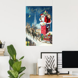 Vintage Christmas Victorian Santa Claus on Chimney Poster