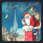 Vintage Christmas Victorian Santa Claus on Chimney Square Sticker<br><div class="desc">Easy to personalise Christmas gift tags to create a custom message. Vintage illustration Christmas holiday design featuring a Victorian Santa Claus on a rooftop about to go down the chimney. The reindeer and sleigh are on the roof waiting. A beautiful church is in the background with stars and the moon...</div>