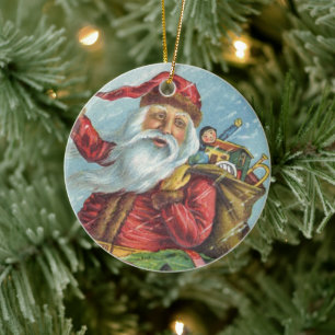 Vintage Christmas, Victorian Santa Claus on Wreath Ceramic Tree Decoration