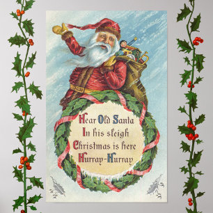 Vintage Christmas, Victorian Santa Claus on Wreath Poster