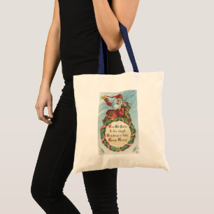 Vintage Christmas, Victorian Santa Claus on Wreath Tote Bag