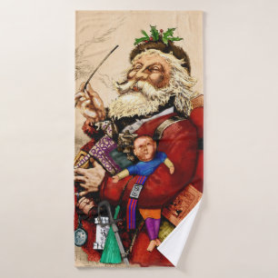 Vintage Christmas, Victorian Santa Claus Pipe Toys Bath Towel