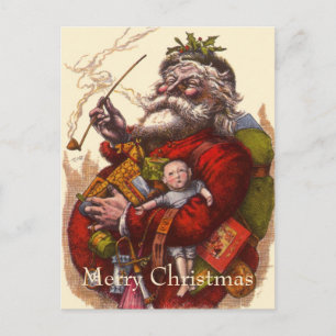 Vintage Christmas, Victorian Santa Claus Pipe Toys Holiday Postcard