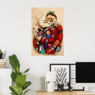 Vintage Christmas, Victorian Santa Claus Pipe Toys Poster