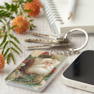Vintage Christmas, Victorian Santa Claus with Pine Key Ring