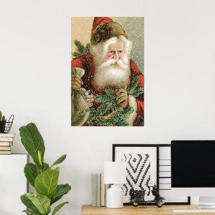 Vintage Christmas, Victorian Santa Claus with Pine Poster