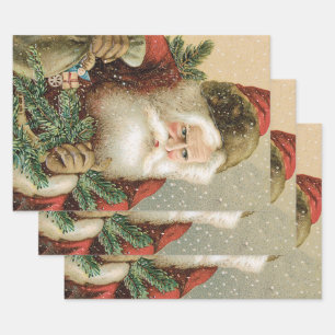 Vintage Christmas, Victorian Santa Claus with Pine Wrapping Paper Sheet