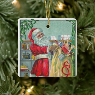 Vintage Christmas, Victorian Santa Claus with Toys Ceramic Ornament