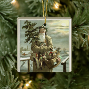 Vintage Christmas, Victorian Santa Claus with Toys Ceramic Ornament