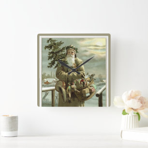 Vintage Christmas, Victorian Santa Claus with Toys Square Wall Clock