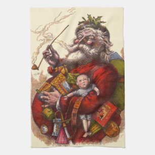 Vintage Christmas, Victorian Santa Claus With Toys Tea Towel