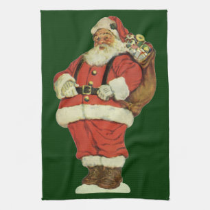 Vintage Christmas, Victorian Santa Claus with Toys Tea Towel