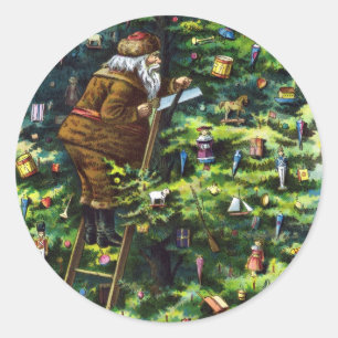 Vintage Christmas, Victorian Santa Claus with Tree Classic Round Sticker