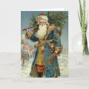 Vintage Christmas, Victorian Santa Claus with Tree Holiday Card