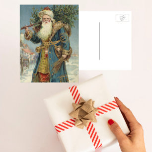 Vintage Christmas, Victorian Santa Claus with Tree Holiday Postcard