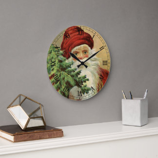 Vintage Christmas, Victorian Santa Claus with Tree Large Clock