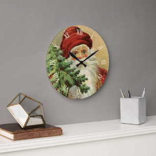 Vintage Christmas, Victorian Santa Claus with Tree Large Clock