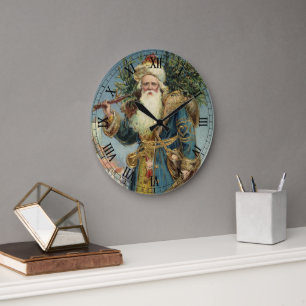 Vintage Christmas, Victorian Santa Claus with Tree Large Clock