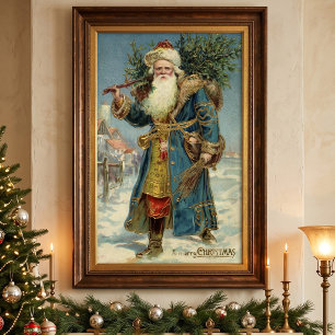 Vintage Christmas, Victorian Santa Claus with Tree Poster