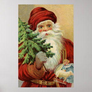 Vintage Christmas, Victorian Santa Claus with Tree Poster