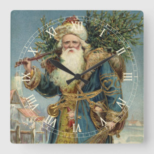 Vintage Christmas, Victorian Santa Claus with Tree Square Wall Clock