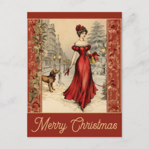 Vintage Christmas Victorian Woman Dog Postcard