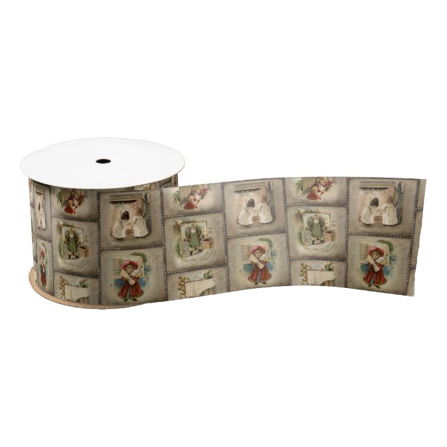 Vintage Christmas Vignettes on Artisan Background Satin Ribbon (Spool)