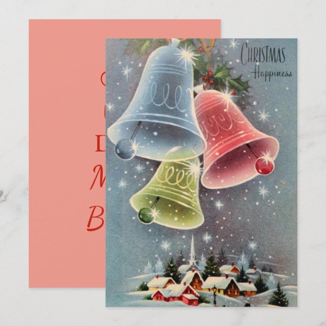 Vintage Christmas Village Bells Snowflakes Holiday Card (Front/Back)
