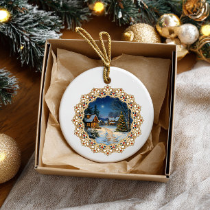 Vintage Christmas Village Doily Ceramic Tree Decoration