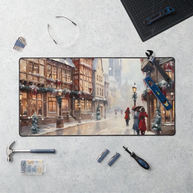 Vintage Christmas Village Street Holiday Desk Mat (Workstation)