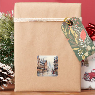 Vintage Christmas Village Street Holiday Square Sticker