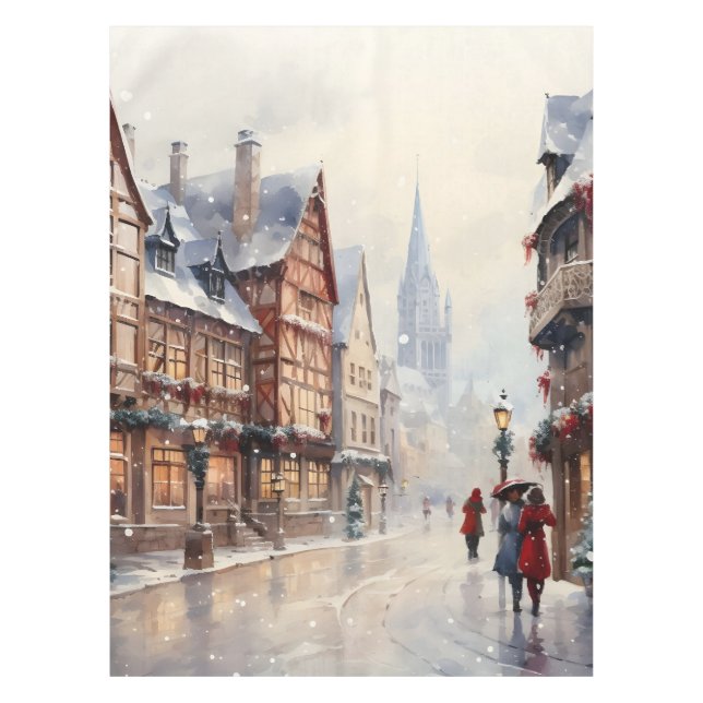 Vintage Christmas Village Street Holiday Tablecloth (Front)