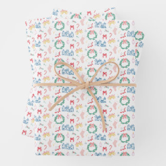 Vintage Christmas Village Toile Holiday Wrapping Paper Sheet