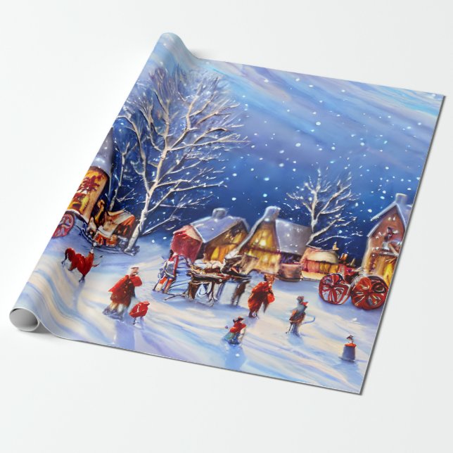 Vintage Christmas Village Wrapping Paper (Unrolled)