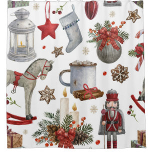 Vintage Christmas: Watercolor Toy Illustrations Shower Curtain