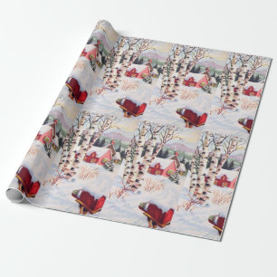 Vintage Christmas White Birch Trees Red Mailbox Wrapping Paper