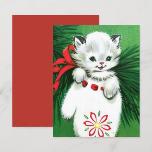 Vintage Christmas White Cat a Mitten Holiday Card