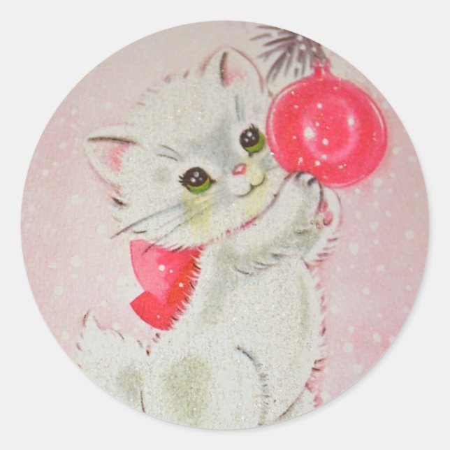 Vintage Christmas White Kitty Classic Round Sticker (Front)
