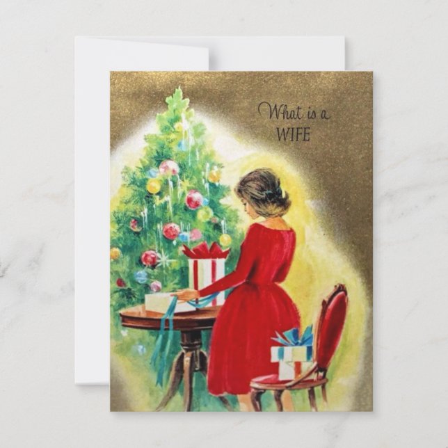 Vintage Christmas Wife Wrapping Presents Holiday Card (Front)