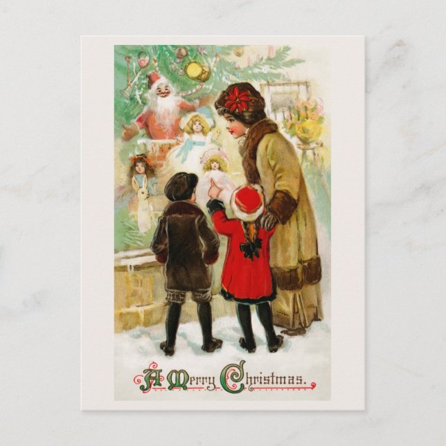 Vintage Christmas Window Shopping Postcard (Front)