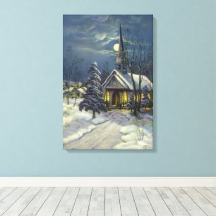 Vintage Christmas, Winter Church in Snow with Moon Canvas Print