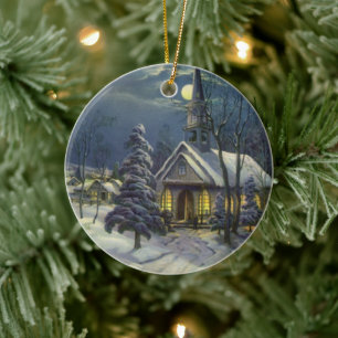 Vintage Christmas, Winter Church in Snow with Moon Ceramic Tree Decoration