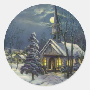 Vintage Christmas, Winter Church in Snow with Moon Classic Round Sticker